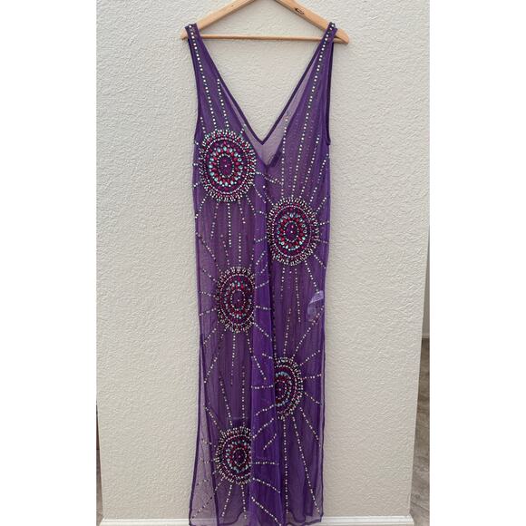 NastyGal Purple Sheer Beaded Sun Embellished Maxi Dress - Picture 5 of 8
